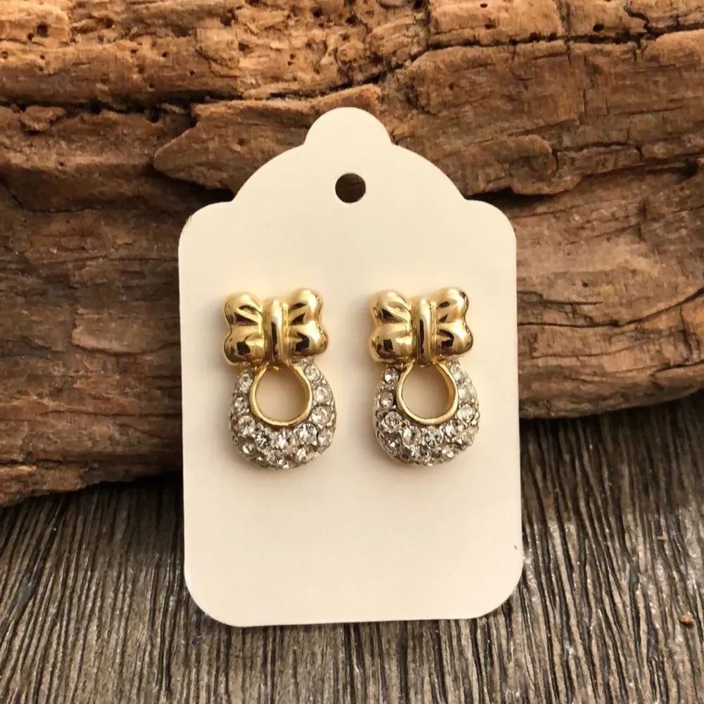 Vtg. Goldtone Bow & Rhinestone Loop Stud Earrings